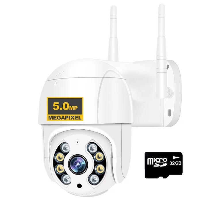 Camera de supraveghere pentru interior/exterior, conectare WIFI, 5MP, Ultra HD 4K, Zoom 4X, functie de rotire, Lumina LED, senzor de miscare, stocare cloud/card, alb, PROMERCO®