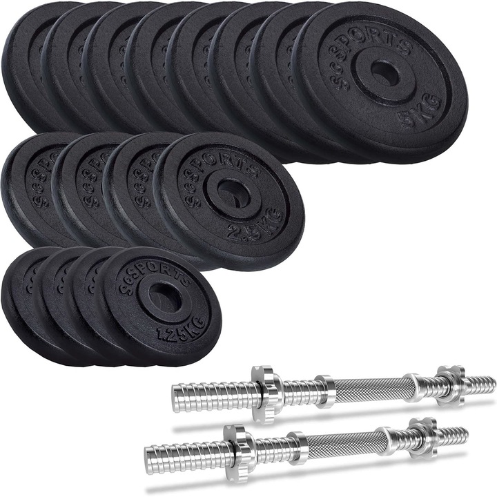 Set de haltere 60 kg, 2 bare de haltere, discuri, 30 mm, fonta, filet, guler Spinlock, ScSports