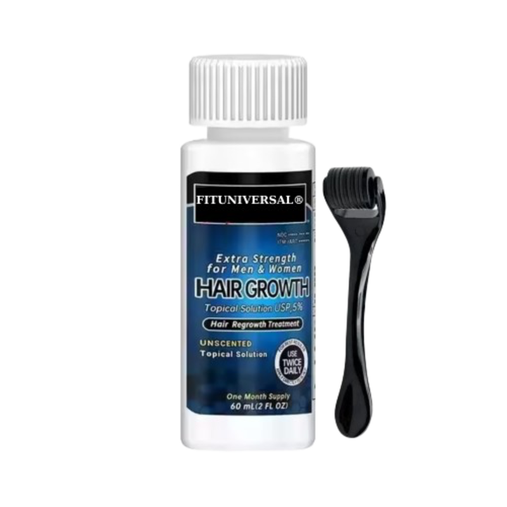 Комплект за лечение и дермаролер, FITUNIVERSAL® 5%, за стимулиране на растежа на косата и брадата, с включена пипета, една бутилка, 60 ml