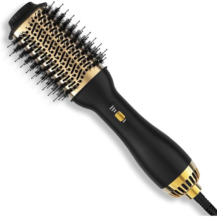 Perie electrica de par ondulata 5 in 1, ceramica turmalina, ioni negativi, uscare si coafare la 360°, aer cald si rece 3 setari de temperatura, potrivita pentru orice lungime si tip de par, 1000 W, blond