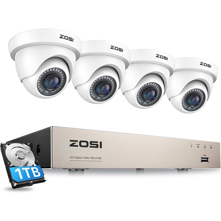 Система за видеонаблюдение ZOSI, 1080P, 1TB твърд диск, H.265+ 5MP Lite 8-канален HD-TVI DVR рекордер и 4 бр. HD 1920TVL куполни камери, нощно виждане, отдалечен достъп