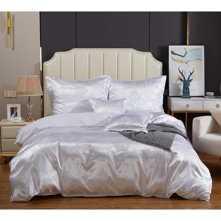 Комплект спално бельо, Spod Igly and Nitki, Памучен Сатен, Бродерия, Плик за завивка 220 х 200 см, 2 калъфки за възглавници 70 х 80 см, Бял