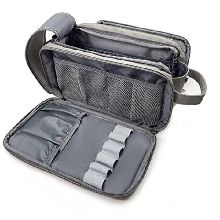 Geanta cosmetice voiaj, cu 4 compartimente, impermeabila, 30x17x17 cm, Gri