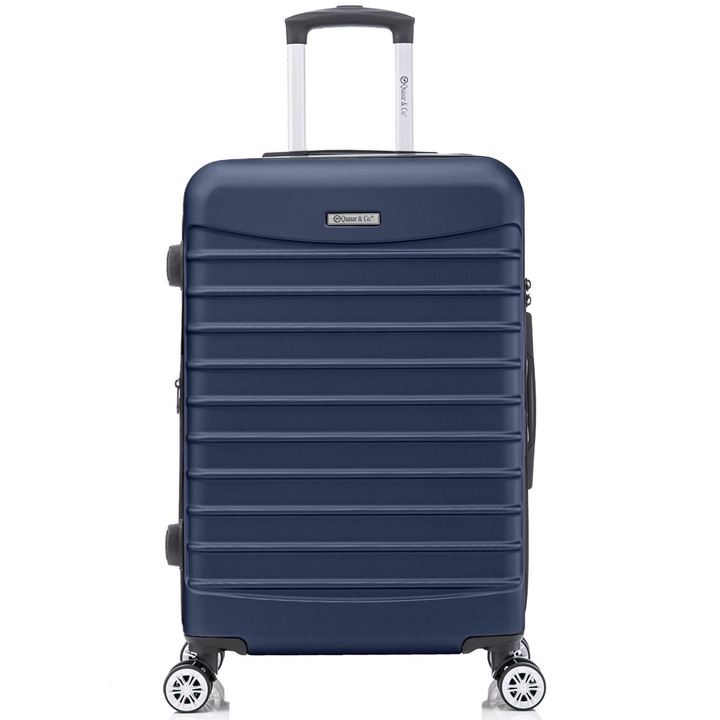 Голям куфар Quasar & Co.® модел LINE, 77x49x31-36см, разширяем, багаж за чекиране, ABS 2.8 мм, цип с двойна защита против кражба, кодово заключване, телескопична дръжка, 4 двойни безшумни колела 360°, 2 отделения, Тъмносин