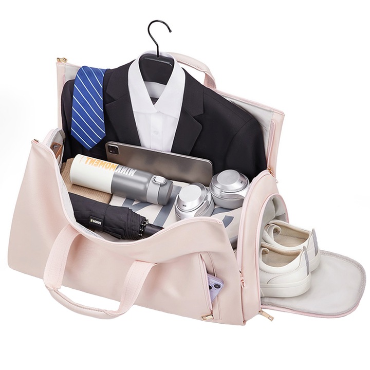Geanta de voiaj cu compartiment pentru mentinerea hainelor nesifonate, compartiment incaltaminte, impermeabila, atasabila la troler, 50 x 30 x 30 cm, roz