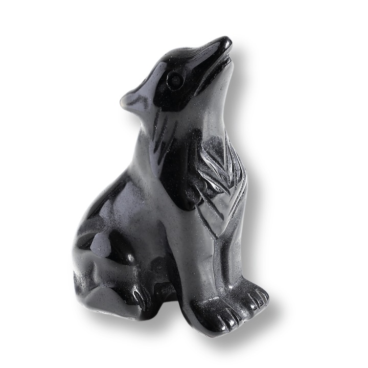 Természetes obszidiánból készült farkas figura, 5 cm