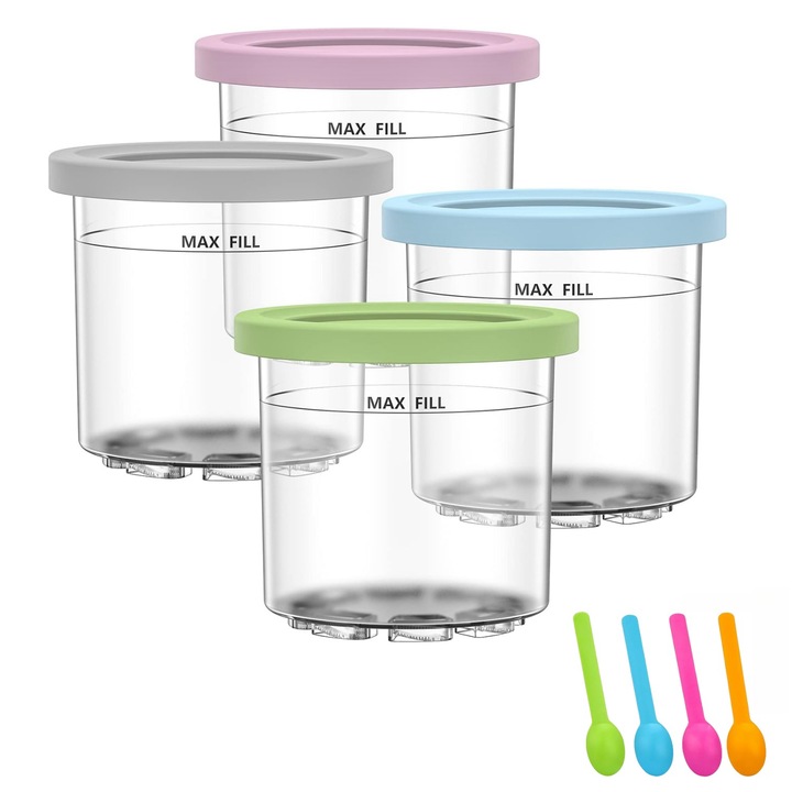Set 4 recipiente inghetata, MunDeir, compatibil Ninja NC301, NC300, NC299AMZ, multicolor