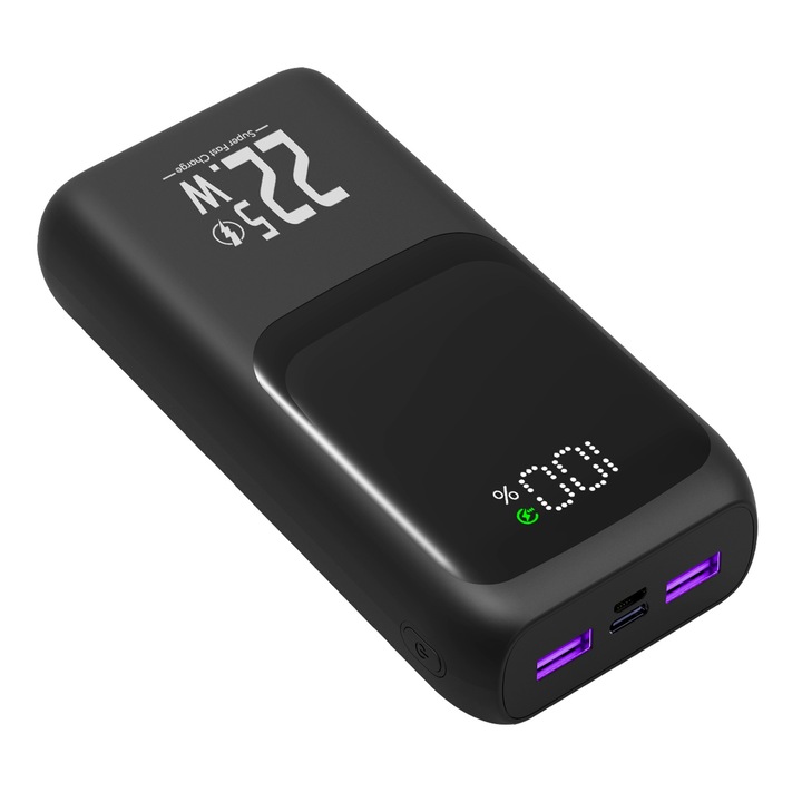 Baterie externa, YOBON, 20000mAh, Quick Charge, 2xUSB, USB-C, Micro USB, PD 22.5W+QC 3.0, Afisaj LED, Negru