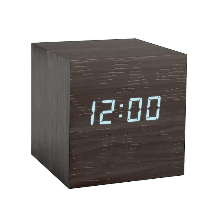 Ceas digital Kubo iluminare LED, 4 functii, alimentare 3 x AAA sau USB, MDF, 6 x 6 x 6 cm
