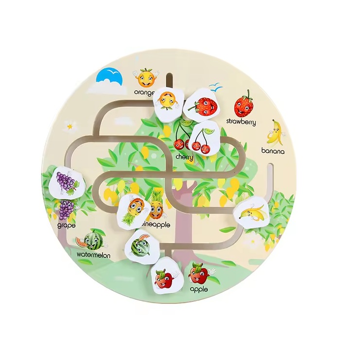 Jucarie educativa, de motricitate, Montessori, labirint cu fructe, din lemn, pentru bebelusi, fete si baieti
