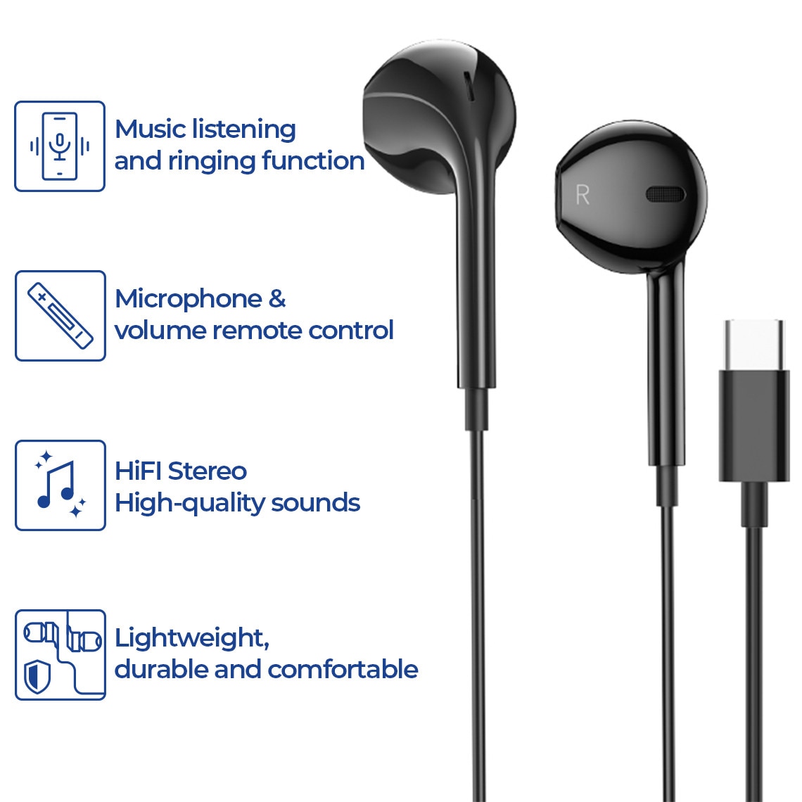 Casti in-Ear cu fir, USB-C, Universale, pentru iPad / Huawei / Xiaomi / Motorola / Oppo / Realme / Nokia / OnePlus, controler si microfon pe fir, 1.2m, Stereo, NEGRE (M101)