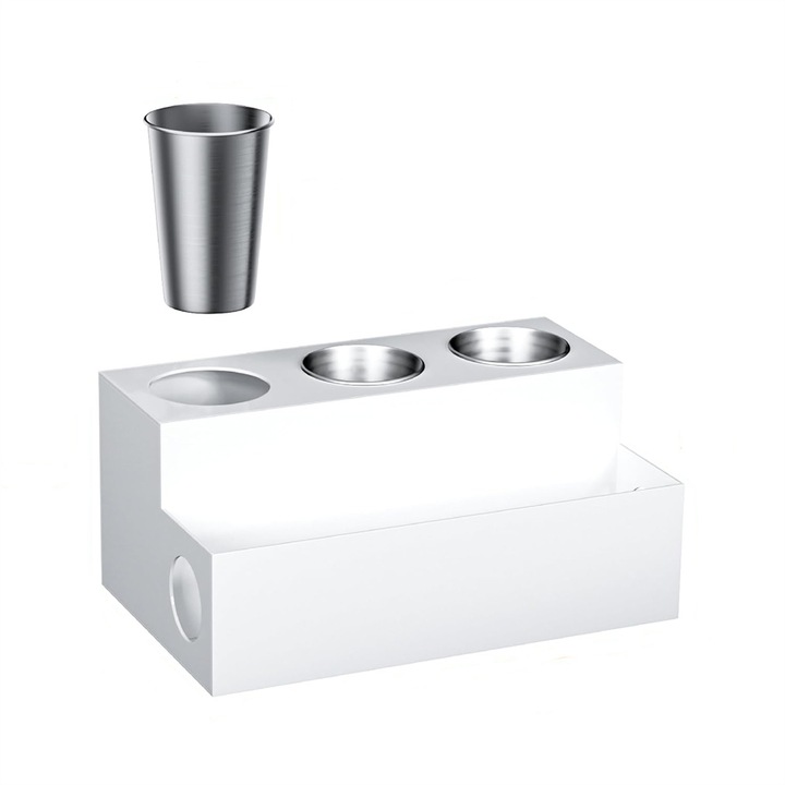 Organizator pentru ustensile de coafat, Deschis, Acril, Alb, cu 3 cupe din otel