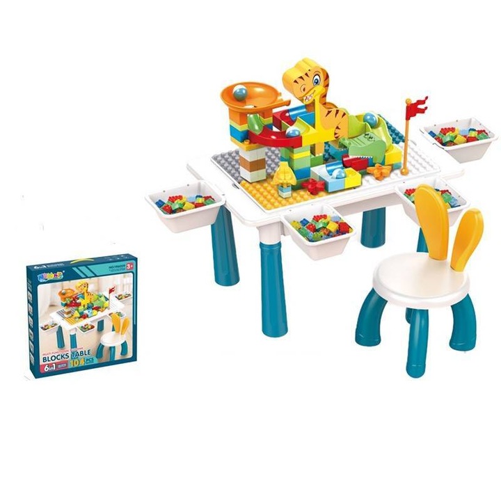 Маса от градивни блокове 7-в-1, Building Block table, 4 кутии за съхранение, стол, регулируеми крака, 105 части