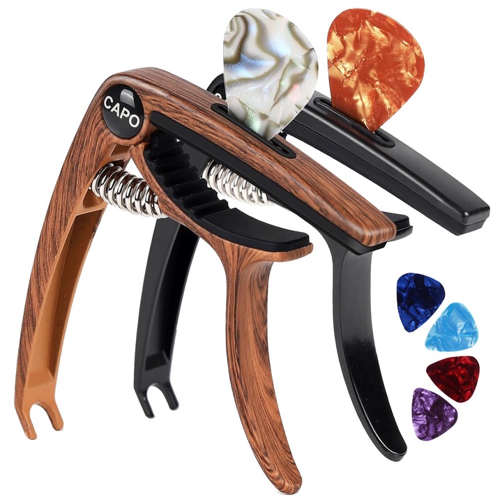 Комплект от 6 аксесоара за китара, Darklove, 4 колчета за китара, 2 капачки, преносим, ергономичен дизайн, лесен за използване, издръжлив, за професионални играчи и начинаещи, цинкова сплав/силиций, черен/кафяв