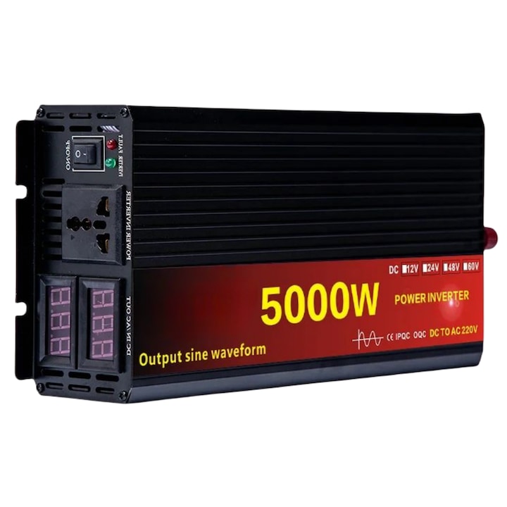 MOSMAOO Инвертор, 12V-220V, 5000W, чист синус за фотоволтаични панелни системи, каравани, къмпинг, черен