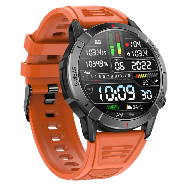 Ceas smartwatch barbati, 1.43 inch AMOLED, apel bluetooth HD, multi sport, ritm cardiac multi point, tensiune, oxigen, carcasa metalica, difuzor, notificari, IP68, orange