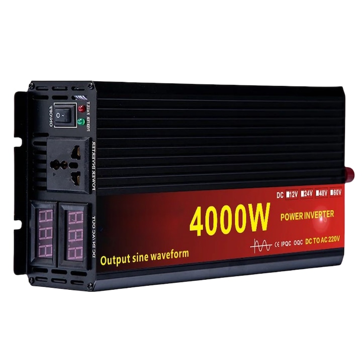 MOSMAOO® инвертор, 12V-220V, 4000W, чист синус за фотоволтаични панелни системи, каравани, къмпинг, черен
