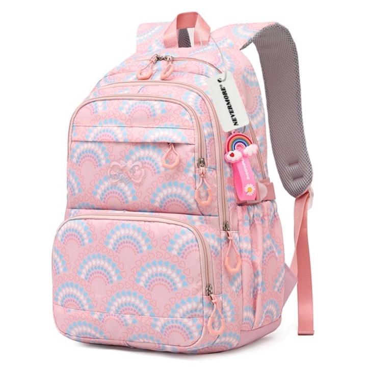 Ghiozdan scoala, NEVERMORE, model camuflaj in carouri, mare capacitate, rezisitent apa, 45 x 32 x 15 cm, Roz/Albastru