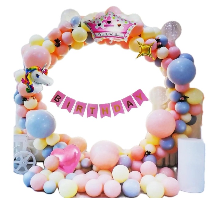 Комплект арка от балони за рождени дни, бебешки душове, разкриване на пола, кръщенета и различни събития, фигурка на еднорог + панделка с надпис „Happy birthday“ и конфети – 50 см
