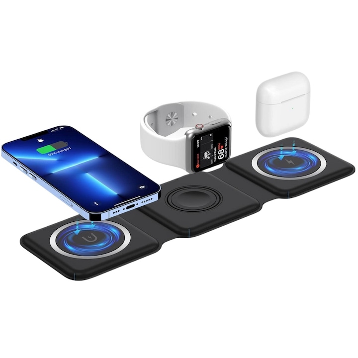 Vezeték nélküli töltő 3 az 1-ben összecsukható 15 W by DolphinMC, Magsafe QI, gyorstöltés, mágneses töltőállomás, kompatibilis a következőkkel: Iphone, Samsung, Apple Watch, Airpods, univerzális, fekete
