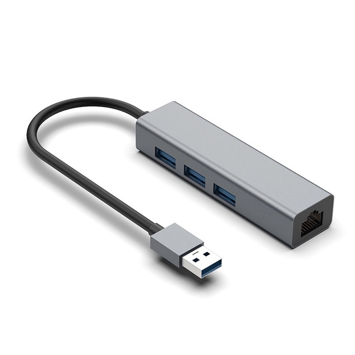 USB 3.0 хъб с 4 порта, JESWO, трансфер на данни 5Gbps, Ethernet 100Mbps, компактен