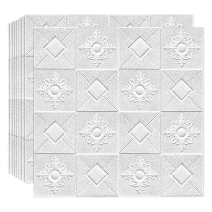 Set 10 x Tapet 3D, Selling Depot®, autoadeziv, Model Patrate si Romburi, perete/tavan, waterproof, usor de montat, design modern, 70x77 cm, alb