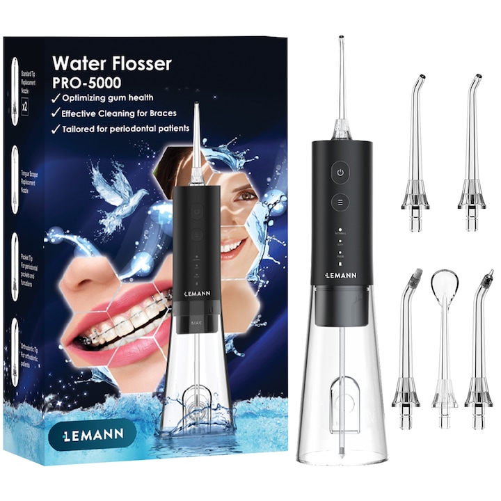 Irigator Oral Profesional, Dus Bucal Lemann PRO-5000, Portabil, 1400 pulsatii/min, 3 Moduri, Rezervor 300ml, Timer 2 minute, Functie Smart Start, 5 Duze si Cablu USB-C inlcuse, Materiale non-toxice, Negru
