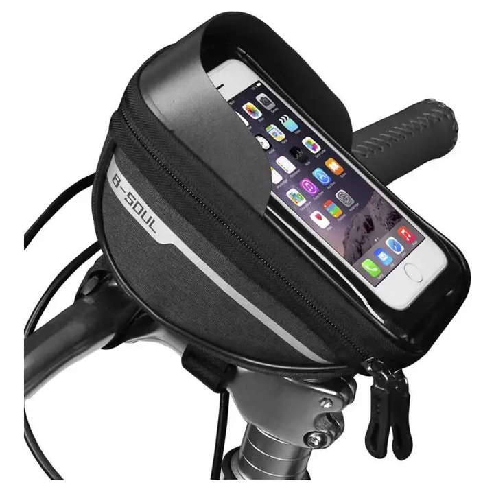 Borseta pentru bicicleta, impermeabila, cu husa pentru telefon inclusa, montare pe ghidon, compatibila cu telefoane pana la 16 cm lungime, 18.5x9.5x8.5 cm, negru