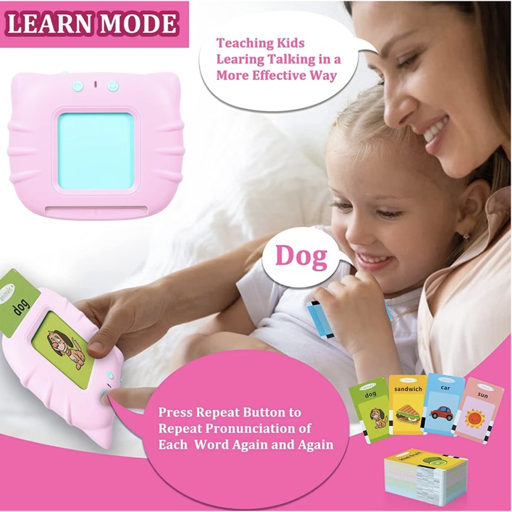 Montessori oktatójáték, oktatógép készlet kártyaolvasóval, 112 darabos flash kártyák, 224 szó, 2 év+, rózsaszín