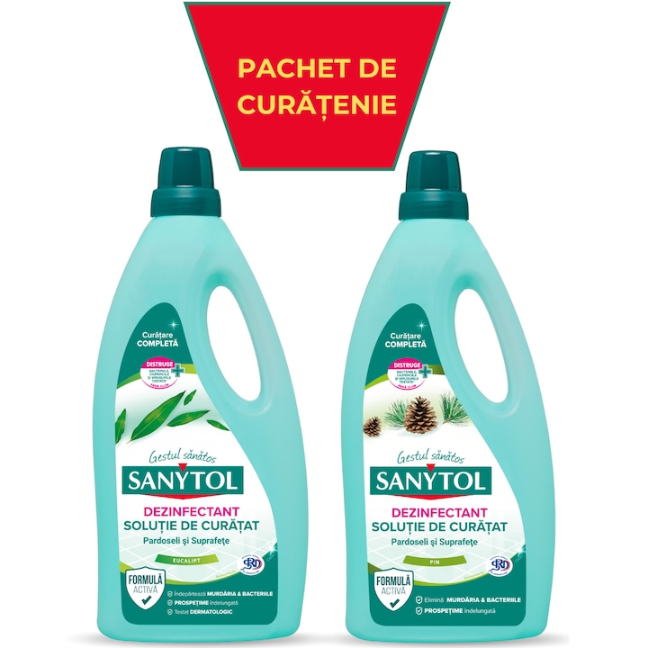 Комплект за почистване Sanytol, Подове, Евкалипт, 1 л + Sanytol, Подове, Бор, 1 л