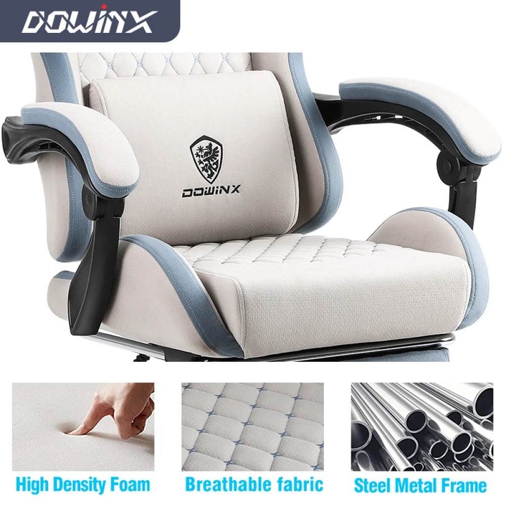 Scaun Gaming Ergonomic Premium DOWINX®, Suport Lombar Cu Masaj USB, Tapiterie Textil Rezistenta, Recliner 90-170°, Perne Reglabile Lombara Si Cervicala, Suport Picioare Retractabil, Cotiere Confortabile, Cadru Solid Rezistent 150 Kg, Scaun Gaming Ivory