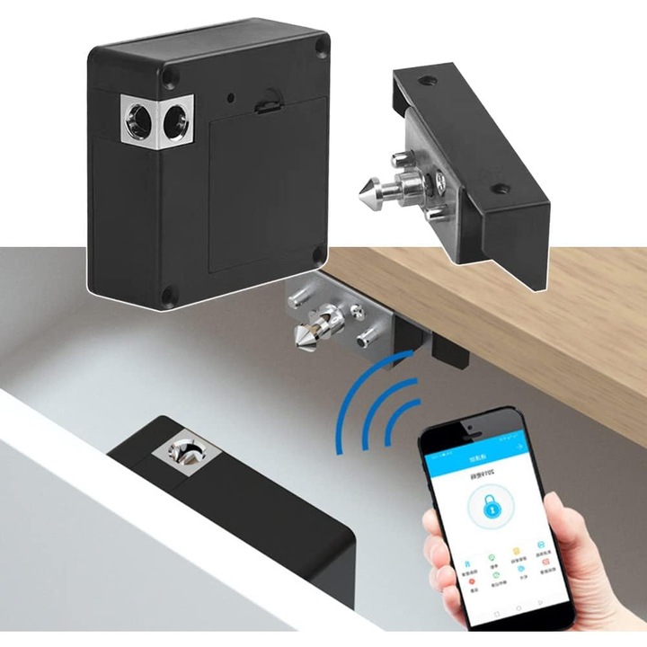 Incuietoare inteligenta ascunsa pentru Dulap Dasbo®, Sertar, Vestiare, Acasa, birouri, cu deblocare prin App Mobila NFC-RFID, Bluetooth, 1 card acces inclus, Negru