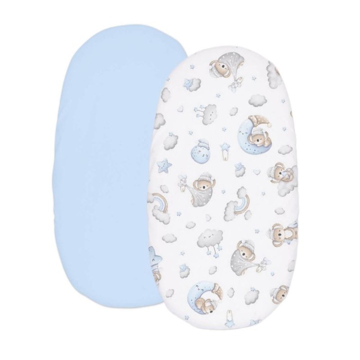 Set 2 cearceafuri din bumbac cu elastic roata pentru landou sau cosulet de rachita Kidizi® Dreams Blue