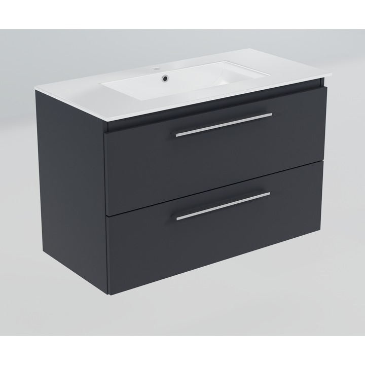 Dulap de baie cu lavoar ceramic, paplinskioebel, Girona 80, Laura 80, 40x80x52cm, PAL, suspendat, cu inchidere silentioasa, cu manere metalice cromate lucioase, grafit mat