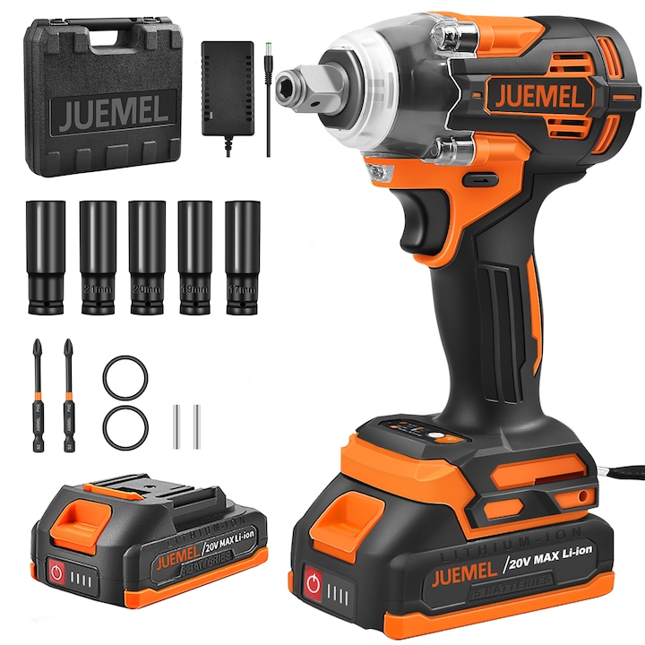 Ударен гайковерт 1/2" и 1/4", JUEMEL, M6004B, 20V, 4 Ah, 350Nm, 2 скорости, 2400 RPM, 1 батерия, пластмасова кутия, оранжев/черен