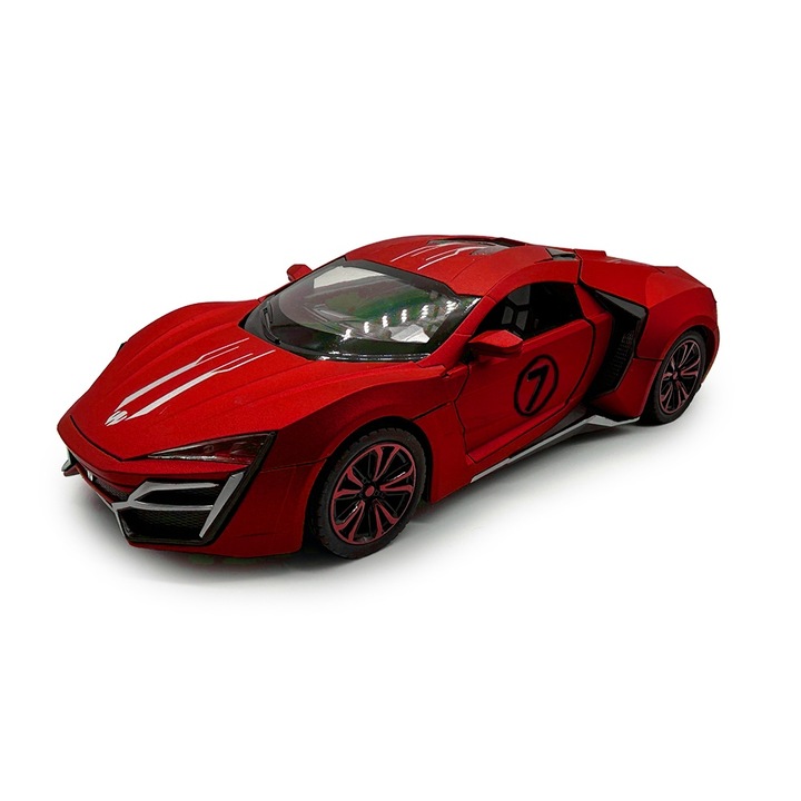 Lykan Hypersport fém modell, Fast & Furious 7, Piros, 1:24, Fények, Hangok, Füstök, nyitható ajtók, felfüggesztések, Visszahúzás, 21 cm, VisionXXI