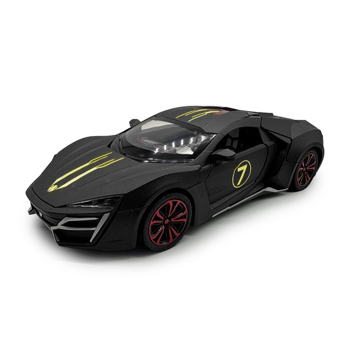 Lykan Hypersport fém autómodell, Fast & Furious 7, Fekete, 1:24, Fények, Hangok, Füstök, ajtók nyitva, felfüggesztések, Visszahúzás, 21 cm, VisionXXI