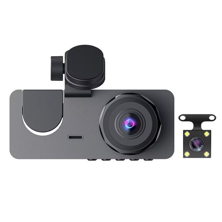 Camera auto DVR, Triple Lens, Full HD 1080P, viziune nocturna, unghi larg 170°, senzor G Iris, negru