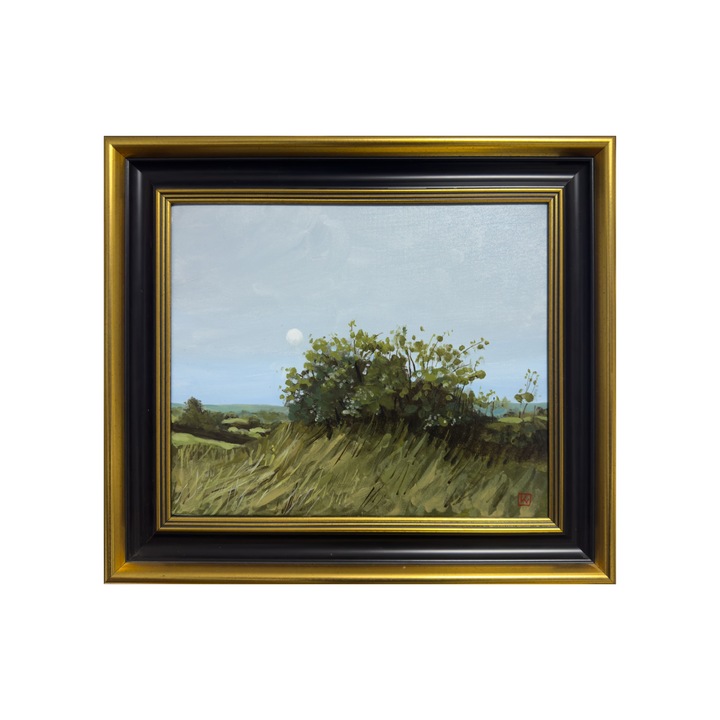 Kézzel festett festmény vászonra, Holdkelte táj, kerettel, 30 x 25 cm