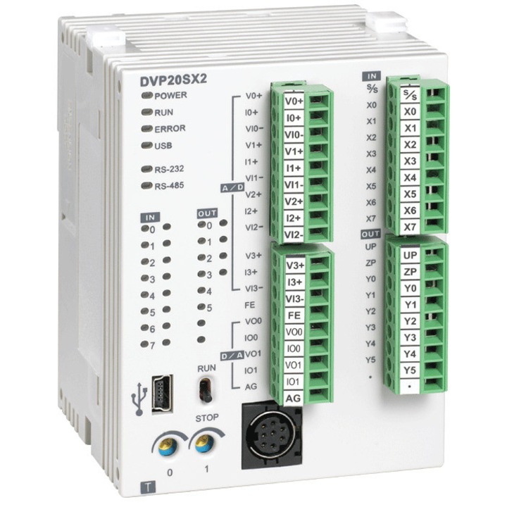 Modul de baza, PLC standard DVP20SX211R, 24 VDC, 12 Intrari Digitale (8 DI, 4 AI), 8 iesiri (6 Iesiri releu, 2 Ierisi analogice)