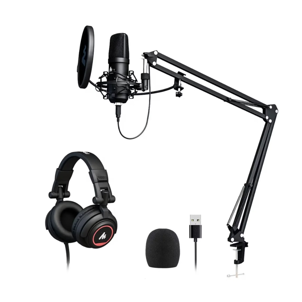 Kit Profesional MAONO cu Microfon USB AU04, cu Suport Ajustabil si Filtre  de Masterizare Sunet, Casti Studio AU-MH501 pentru Livestream YouTube,  TikTok, Discord, Gaming Stream, Negru - eMAG.ro