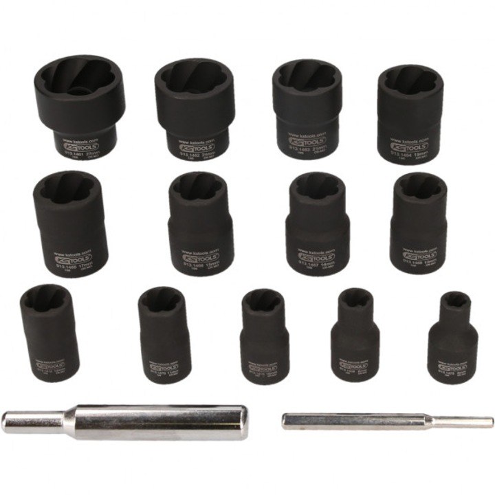 Set 15 chei extractoare pentru suruburi uzate KS TOOLS, profil spiralat, antrenor 1/4 inch, 1/2 inch, otel crom molibden, cutie plastic