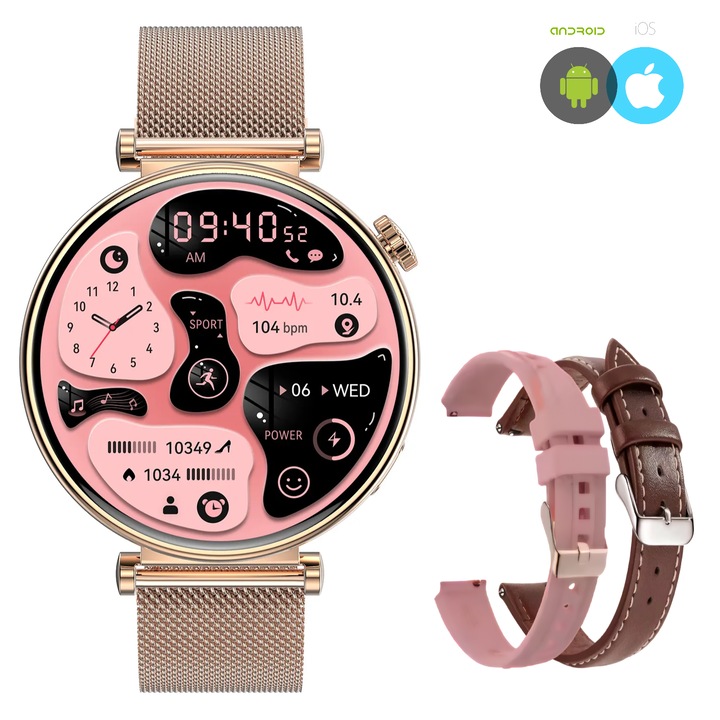 Смарт часовник, OEM Fitwatch, Super AMOLED 1,32 инча, Ultra HD, известия за обаждания/Sms/социални медии, наблюдение на физическата активност, сън, сърдечен ритъм, крачкомер, кръвно налягане, музикален плейър, водоустойчив, NFC, злато/ Goldie