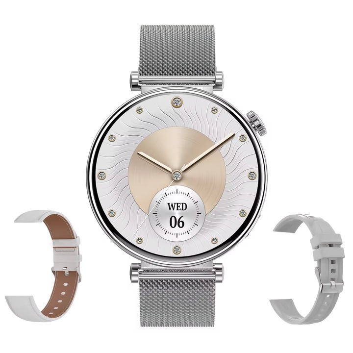 Női okosóra ZENARK® WatchFit GT5 PRO, Premium, fitness karkötő, 3 karkötő, AMOLED 1,32 hüvelykes, 466x466 Ultra HD 4K, Értesítések/Hívások/Sms/Közösségi média, Alvás, Pulzus, Vérnyomás, Vízálló, Bluetooth 5.3, IP68, Szürke/ezüst