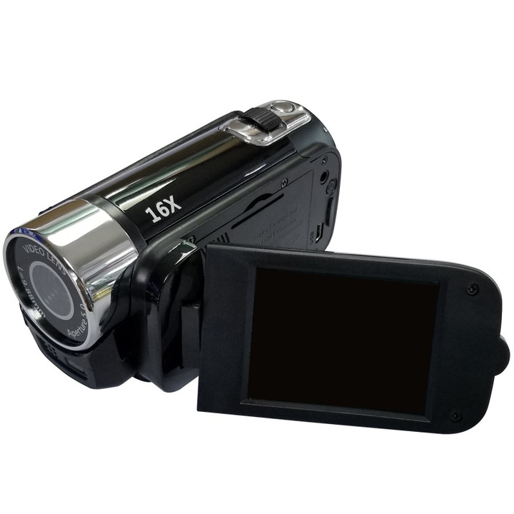 Többfunkciós videokamera, 1080P, 2 hüvelykes LCD képernyő, 16x digitális zoom, 270 fokos elforgatás, szelfi funkció, fekete