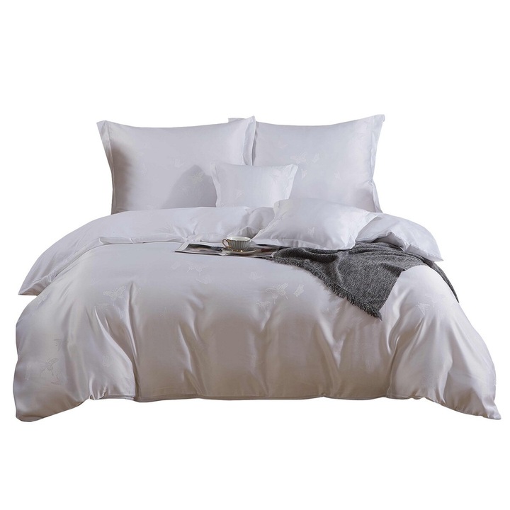 Комплект спално бельо Spod Igly i Nitki, сатен с бродерия, 220x200см, 2 калъфки за възглавници 70x80см, бял/крем/сив