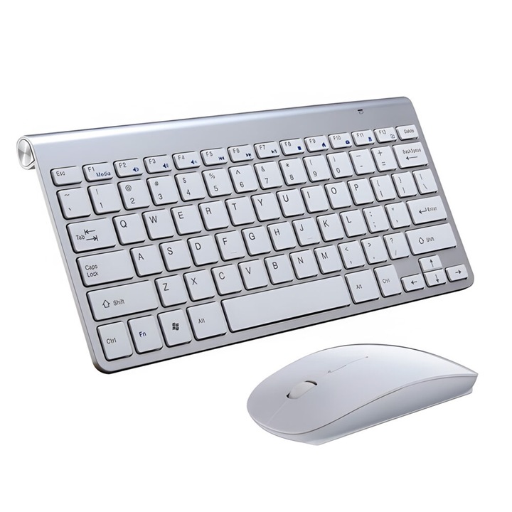 Kit Tastatura si Mouse wireless NewEvo, 78 taste, click scissor switch, versiune US, 3 butoane, 1200 DPI, Gri