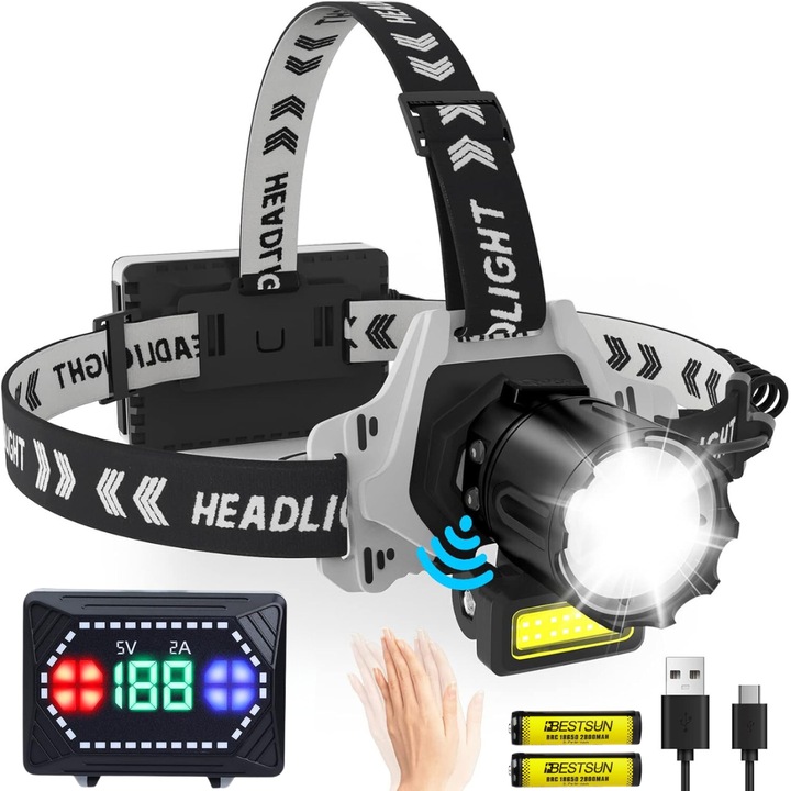 Челно фенерче с LED LASER + COB с включени 3 батерии, сензор за движение и ZOOM, Dasbo®, супер ярък алуминий, USB зареждане, водоустойчивост, видимост над 500 м, 5 режима на светлина, 12000 лумена