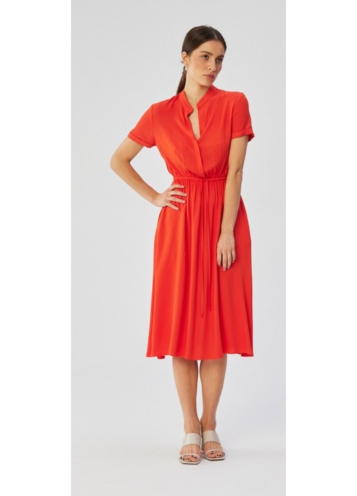 Rochie dama, cu guler inalt si cravata in talie, Poliester, Portocaliu, Coral