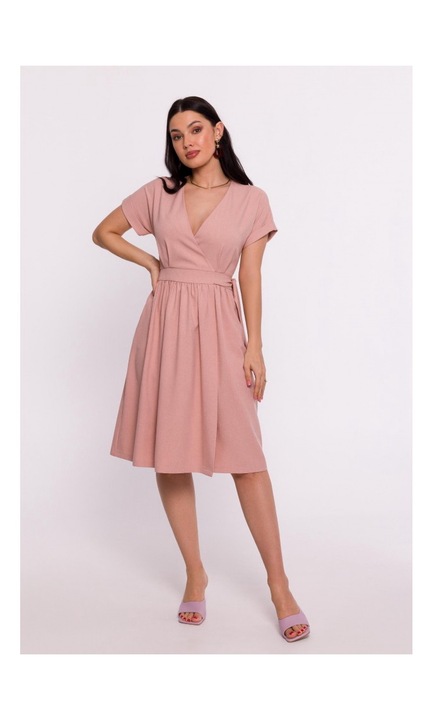 Rochie dama, trapezoidala cu decolteu in V, Poliester, Roz